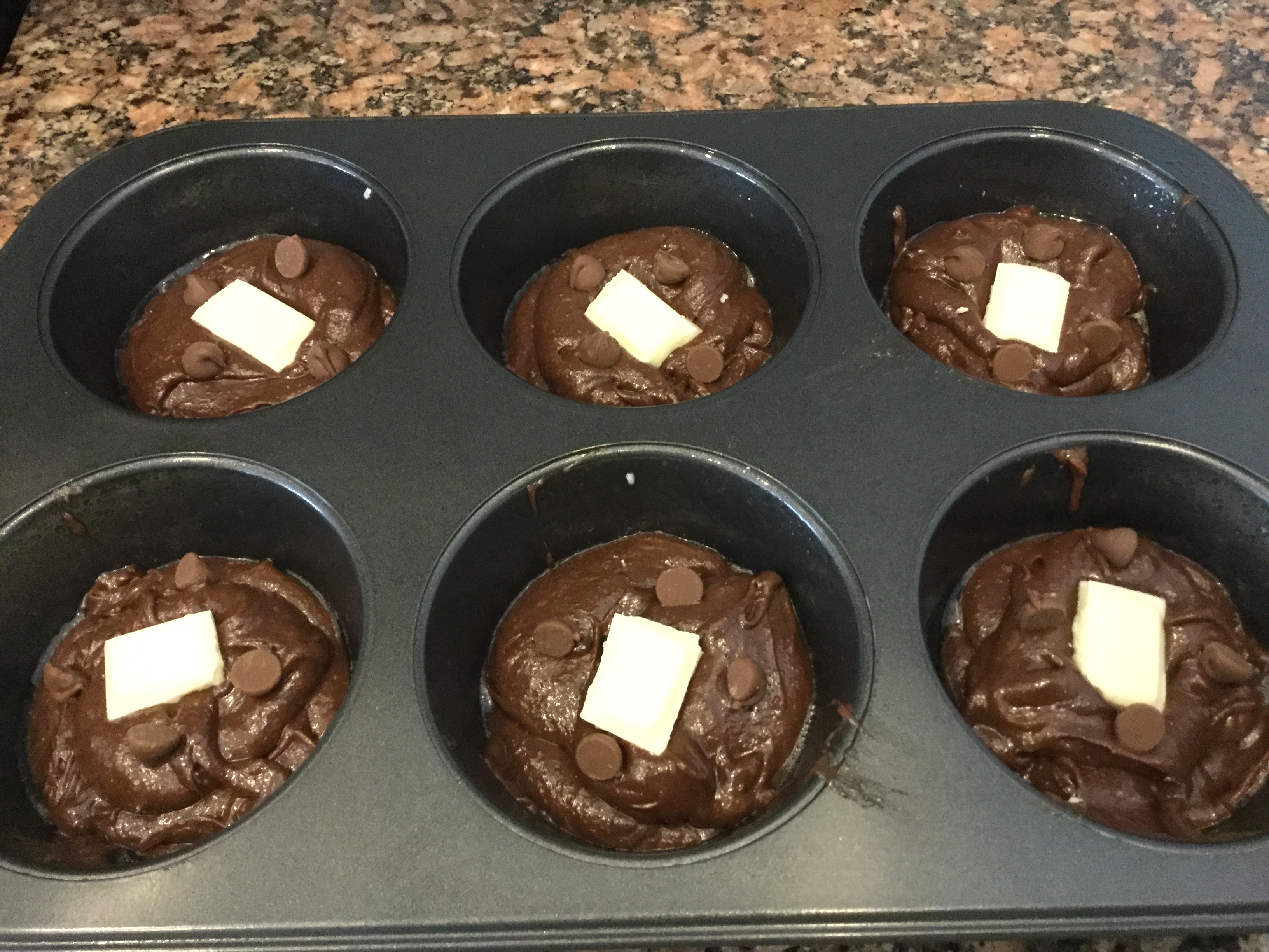 White chocolate and chocolate chips on top on the batter