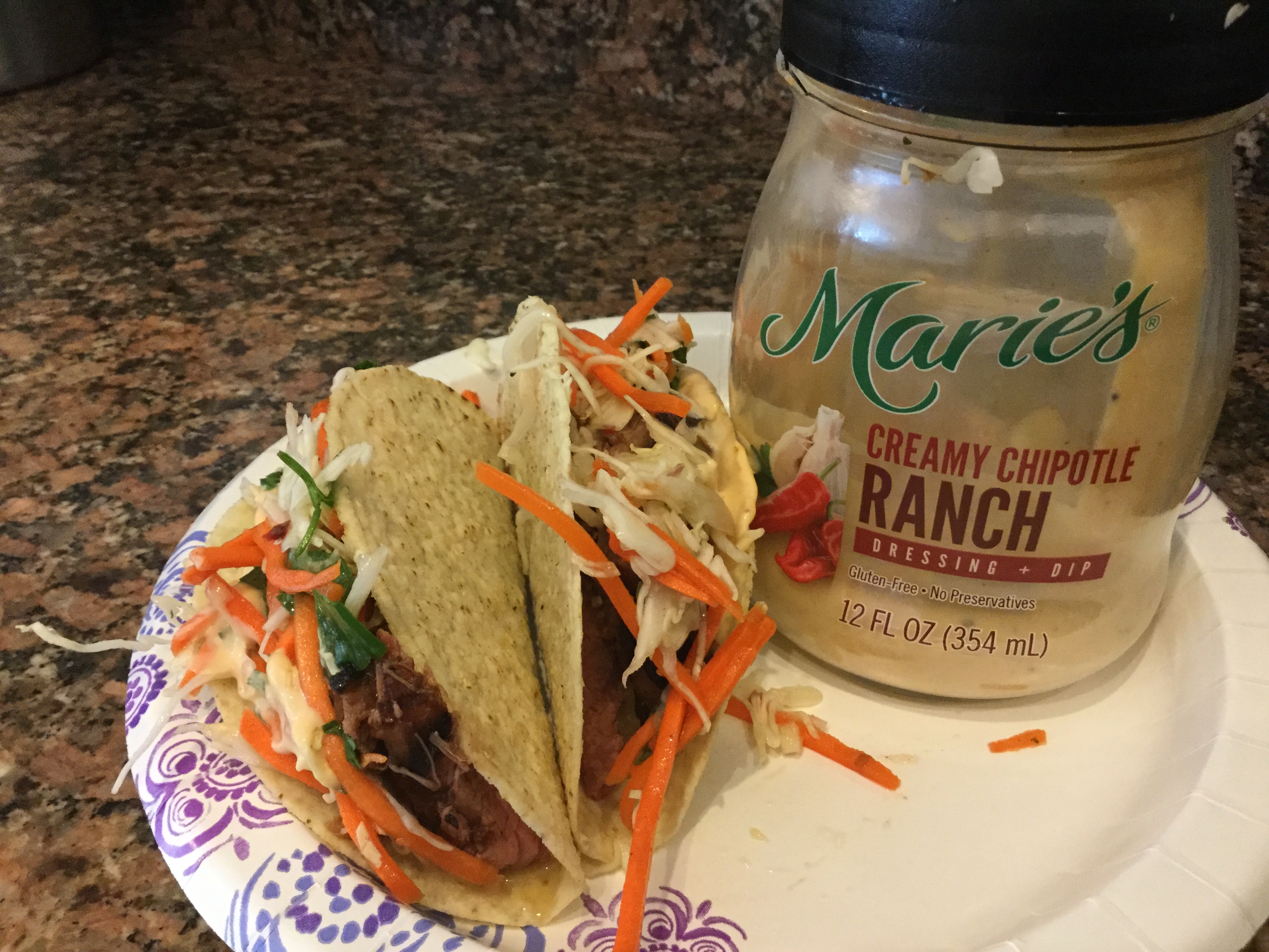 We added this flavorful sauce to our tacos, ate on paper plates and watched an episode of Bloodlines!